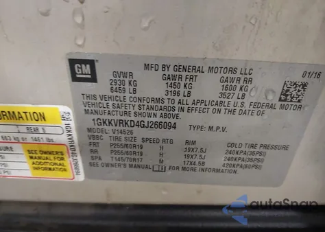 2016 GMC Acadia Slt-1 from USA, damaged, VIN 1GKKVRKD4GJ266094